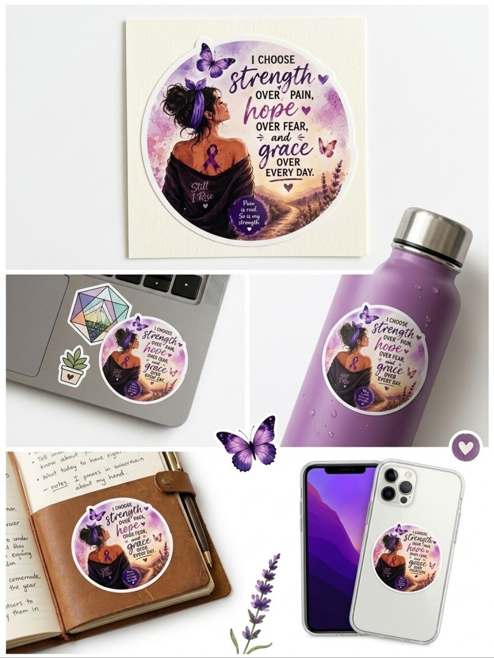 Handmade Chronic Pain Warrior Vinyl Sticker Hope Over Fear Purple Butterfly 3x3